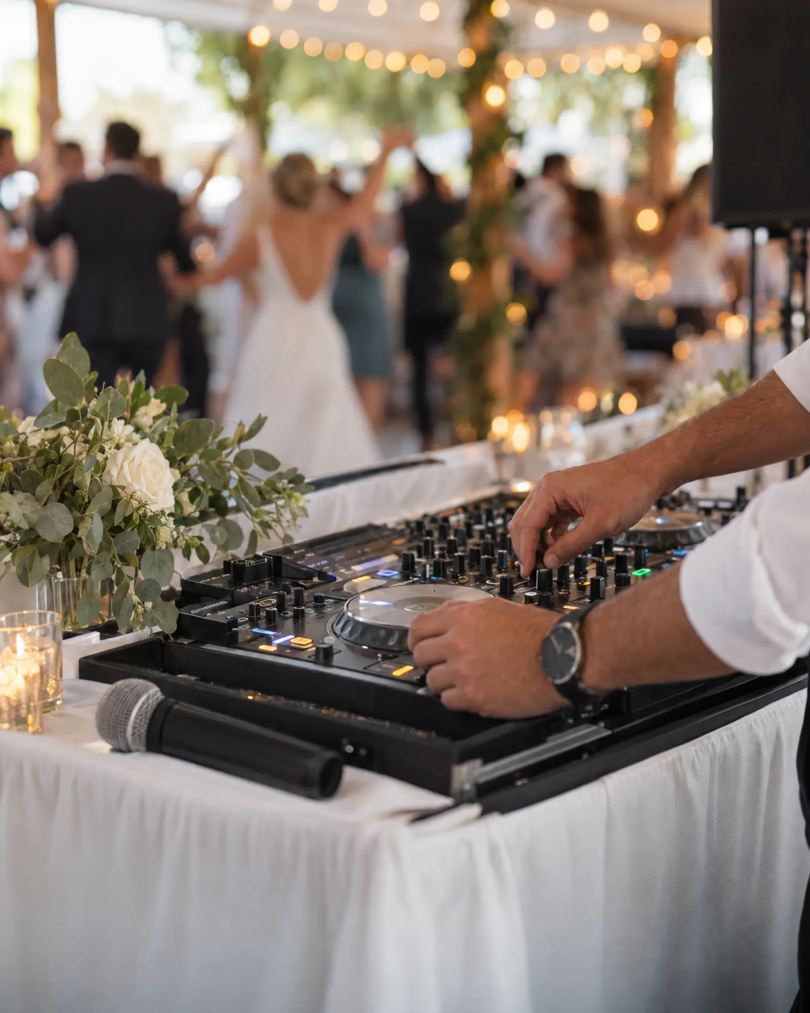 DJ-Pult mit weißer Blende und Blumen auf einer Hochzeit